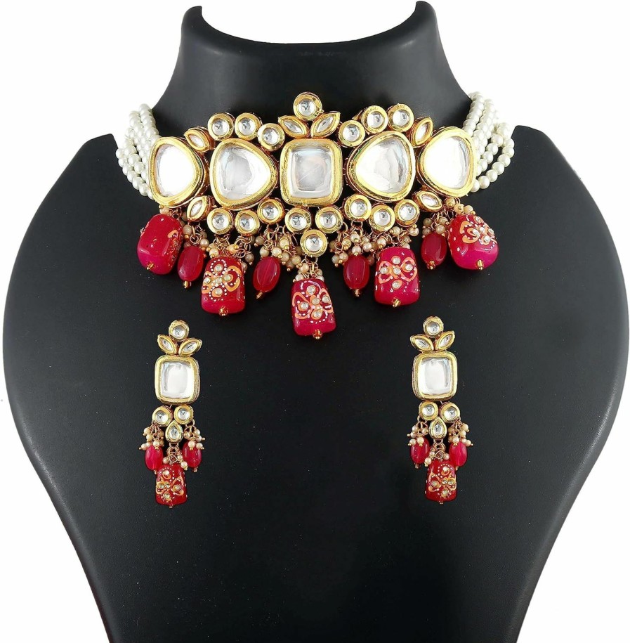 GENERIC Andywars Fashion Kundan Choker Necklace Set With Earrings For Women And Girls, Beads Jewelry, Indian Jewelry Set, Long Earrings, Red Color, Green Color, Pink Color, Blue Color Necklaces Jewelry Sets