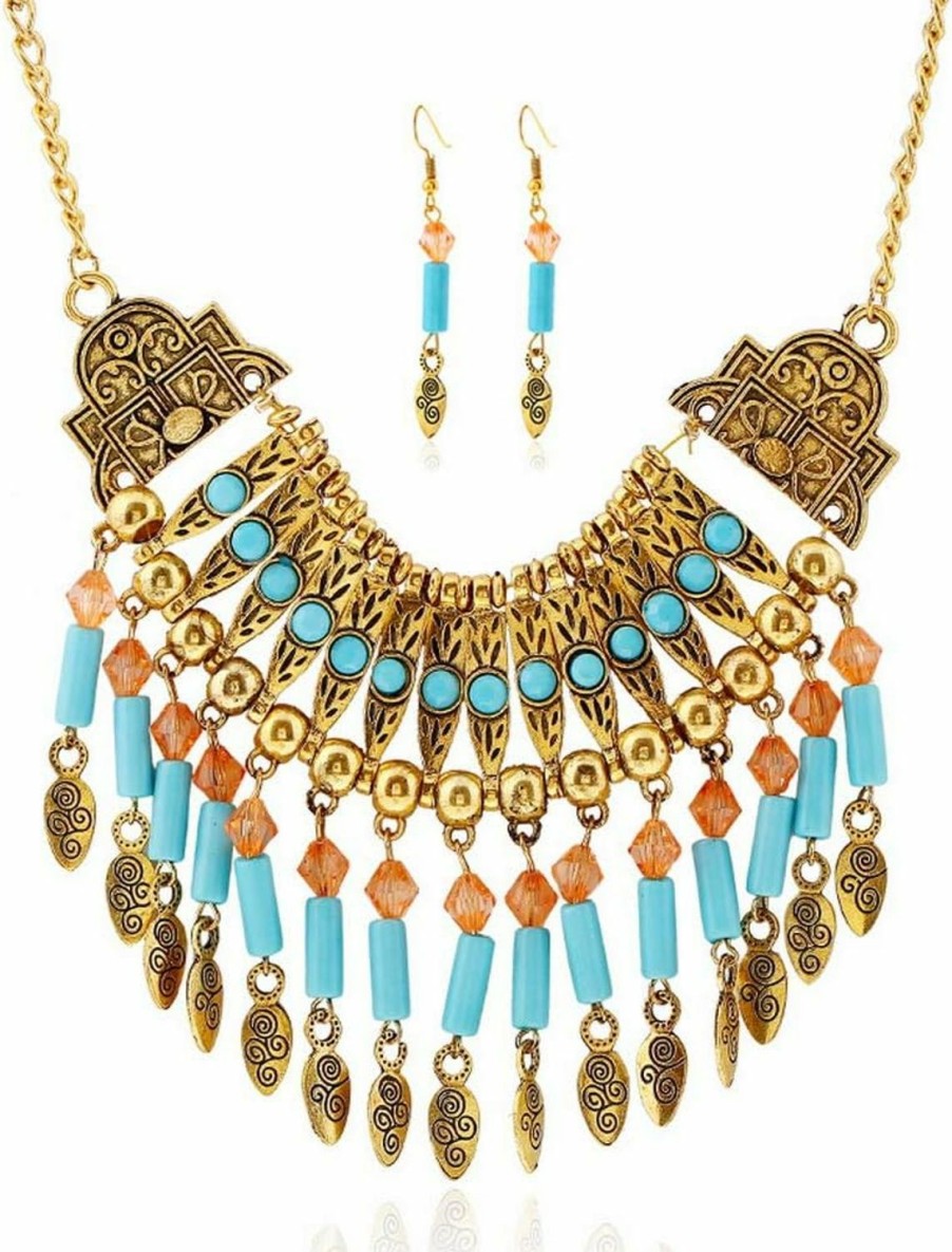 YAZILIND Yazilind Bohemian Style Tassel Pendant Chunky Necklace Earrings Exaggerated Jewelry Set Women Birthday Party Gift Jewelry Sets