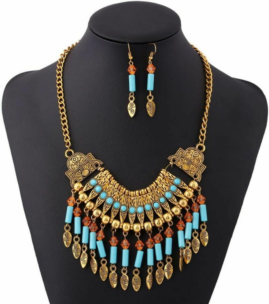 YAZILIND Yazilind Bohemian Style Tassel Pendant Chunky Necklace Earrings Exaggerated Jewelry Set Women Birthday Party Gift Jewelry Sets