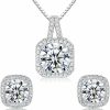 Juicfru Cubic Zirconia Earrings And Necklace Set For Women 14K White Gold Plated Square Jewelry Set For Women Silver Pendant Necklace Hypoallergenic Stud Earrings Set For Girls Jewellery Gift Jewelry Sets