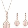 Hyp Rose Gold Jewelry Sets For Women Pink Teardrop Pendant Necklace And Earring Set Embellished With Opal Fashion Wedding Jewelry Gift For Brides And Bridesmaid Jewelry Sets