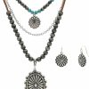 Elosee Western Style Concho Pendant Faux Navajo Pearl Turquoise Bead 3-Layer Necklaces And Floral Design Concho Earrings Jewelry Sets