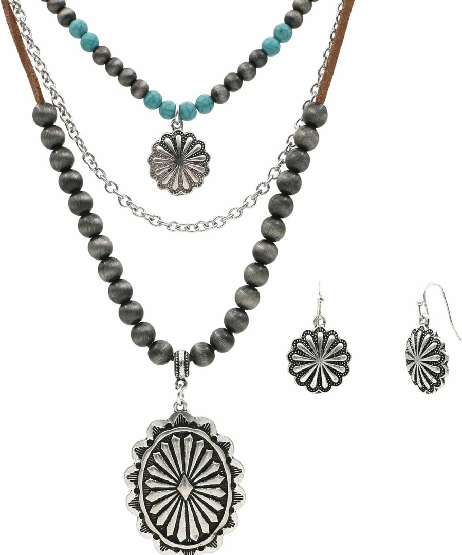 Elosee Western Style Concho Pendant Faux Navajo Pearl Turquoise Bead 3-Layer Necklaces And Floral Design Concho Earrings Jewelry Sets