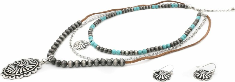 Elosee Western Style Concho Pendant Faux Navajo Pearl Turquoise Bead 3-Layer Necklaces And Floral Design Concho Earrings Jewelry Sets