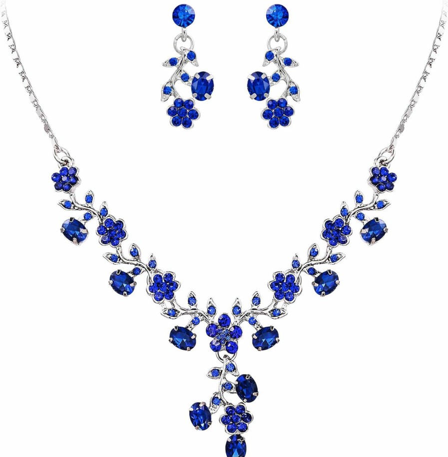 EVER FAITH Ever Faith Flower Leaf Necklace Earrings Set Austrian Crystal Jewelry Sets