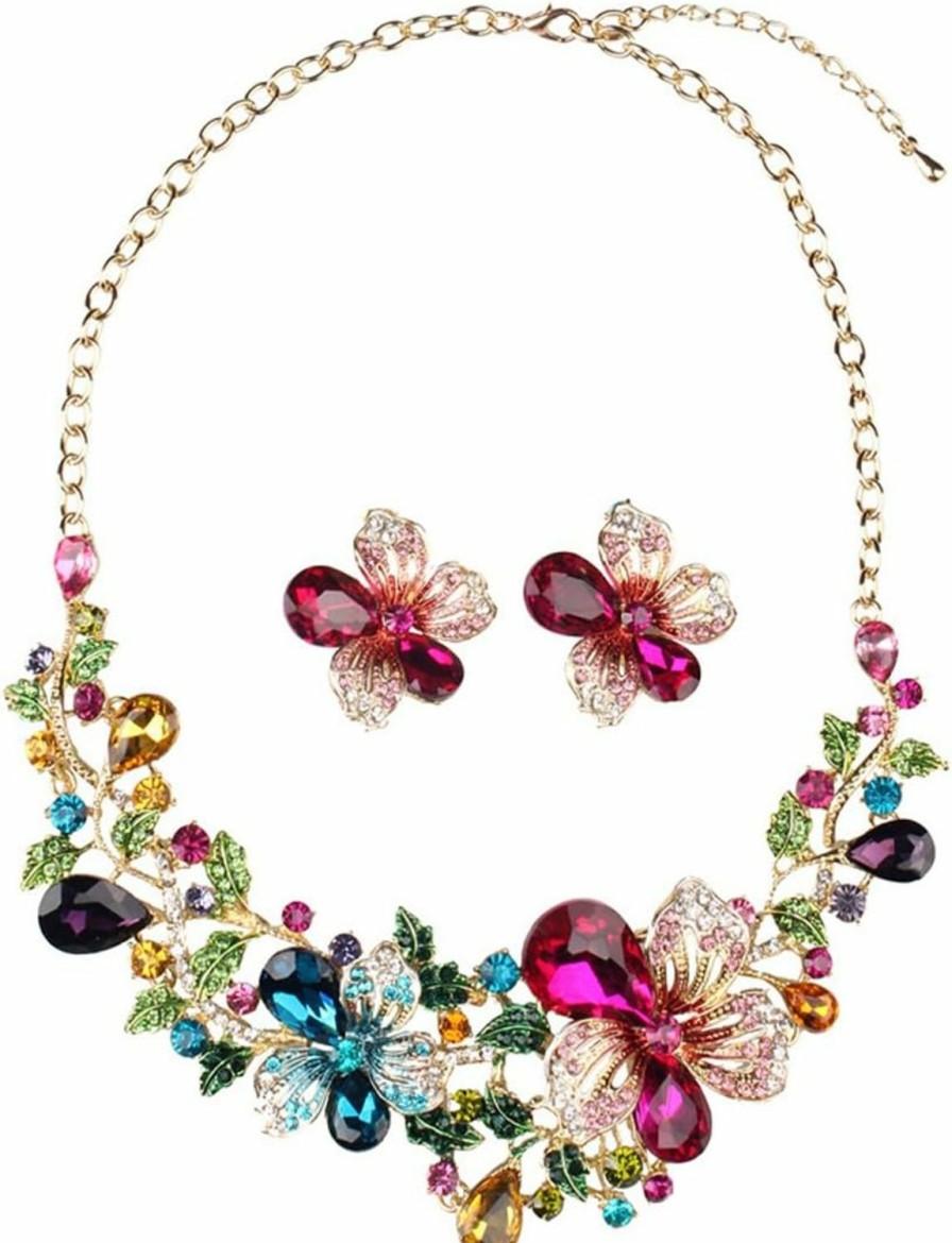 Hamer Wedding Jewelry Sets For Brides Multi-Color Crystal Flowers Choker Gothic Necklace And Earrings Sets Costume Jewelry For Women Jewelry Sets