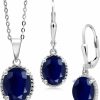 Gem Stone King Gem Stone King 925 Sterling Silver Blue Sapphire Pendant And Earrings Jewelry Set For Women (8.90 Cttw, Gemstone Birthstone, Oval 11X9Mm And 9X7Mm, With 18 Inch Silver Chain) Jewelry Sets