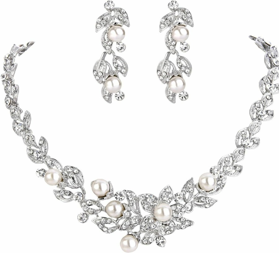 BriLove Brilove Women'S Wedding Bridal Crystal Cream Simulated Pearl Cluster Leaf Vine Hibiscus Flower Collar Necklace Dangle Earrings Set Jewelry Sets