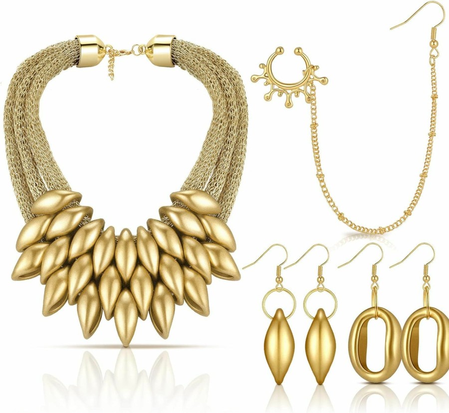 Sureio 4 Pcs Women African Jewelry Set African Bib Choker Necklaces Vintage National Gold Statement Necklace Tribal Style Layered Collar Necklace African Nose Rings With Chain African Gold Earrings Jewelry Sets