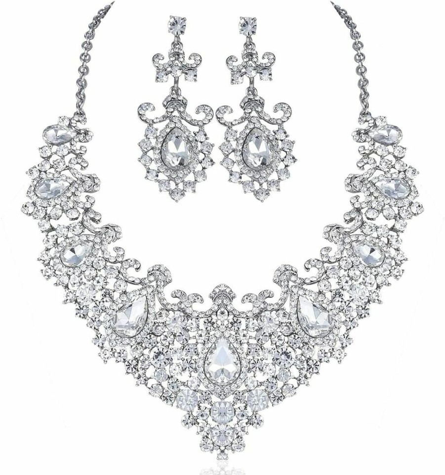 Janefashions Janefashions Stunning Clear Austrian Rhinestone Crystal Necklace Earrings Set N12187 Silver Jewelry Sets