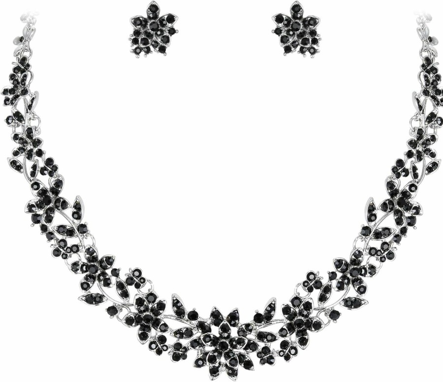 EVER FAITH Ever Faith Bridal Austrian Crystal Jewelry Set, Elegant Cluster Flower Leaf Necklace Earrings Set For Women Jewelry Sets