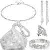 Mezchi Mezchi 5 Pcs Rhinestone Silver Jewelry Set, Shiny Silver Clutch Purse For Women, Silver Necklace Set, Wedding Jewelry, Bling Necklace Earrings Bracelet Ring For Women Jewelry Sets