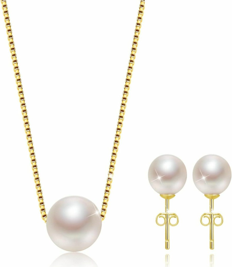 Aocelly Single Pearl Necklace Earrings Set Silver Gold/Rhodium Plated, Classic Silver Jewelry Set Gifts For Wedding/Birthday Jewelry Sets