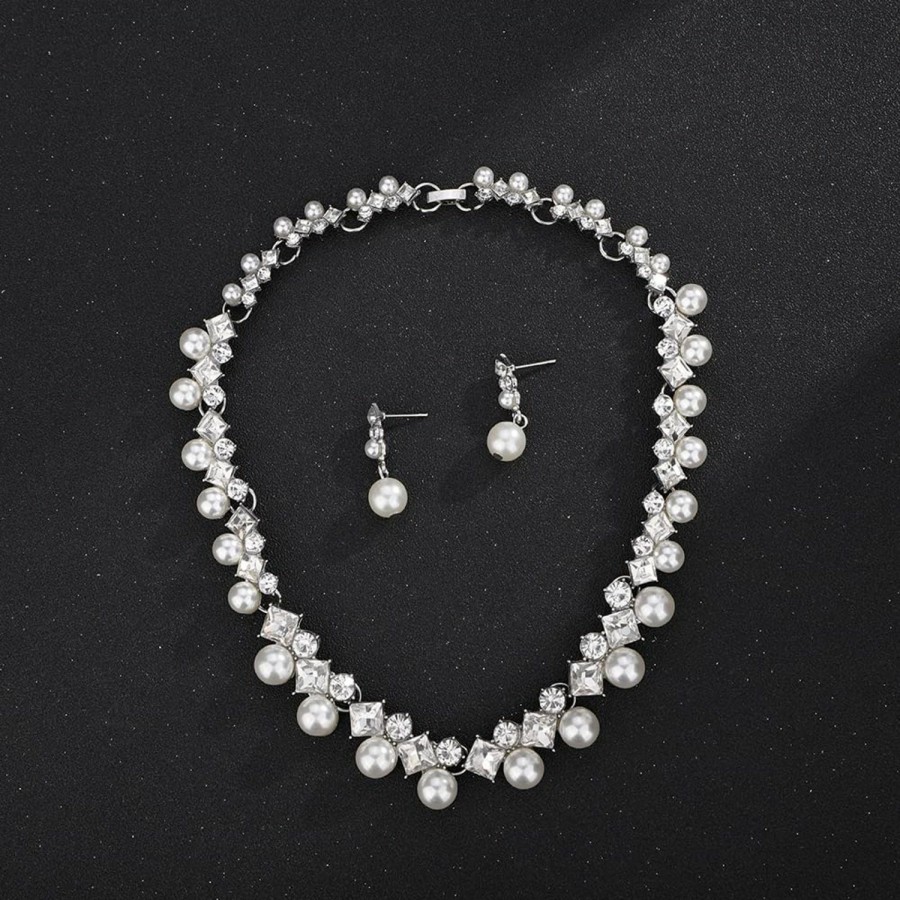 JWICOS Jwicos Bride Silver Necklace Earrings Set Pearl Bridal Wedding Jewelry Set Rhinestone Choker Necklace For Women And Girls Jewelry Sets