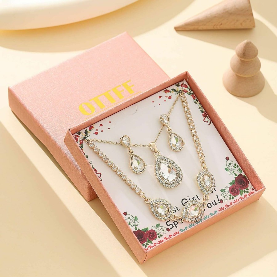 OTTFF Ottff Teardrop Jewelry Set For Bridal Bridesmaid,18K Gold Or Rose Gold Or Silver Plated Necklace Earrings Bracelet Set For Wedding Gift Jewelry Sets