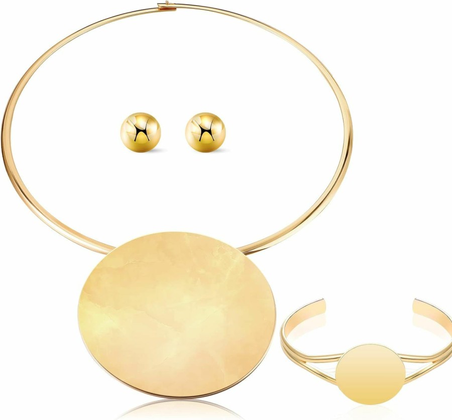 Yinkin 3 Pcs African Jewelry Sets Gold Choker Earrings Bracelet, African Collar Statement Necklace, Stud Earrings, Open Hoop Bracelet For Nigerian Costume Party Jewelry Accessories For Halloween Women Girls Jewelry Sets