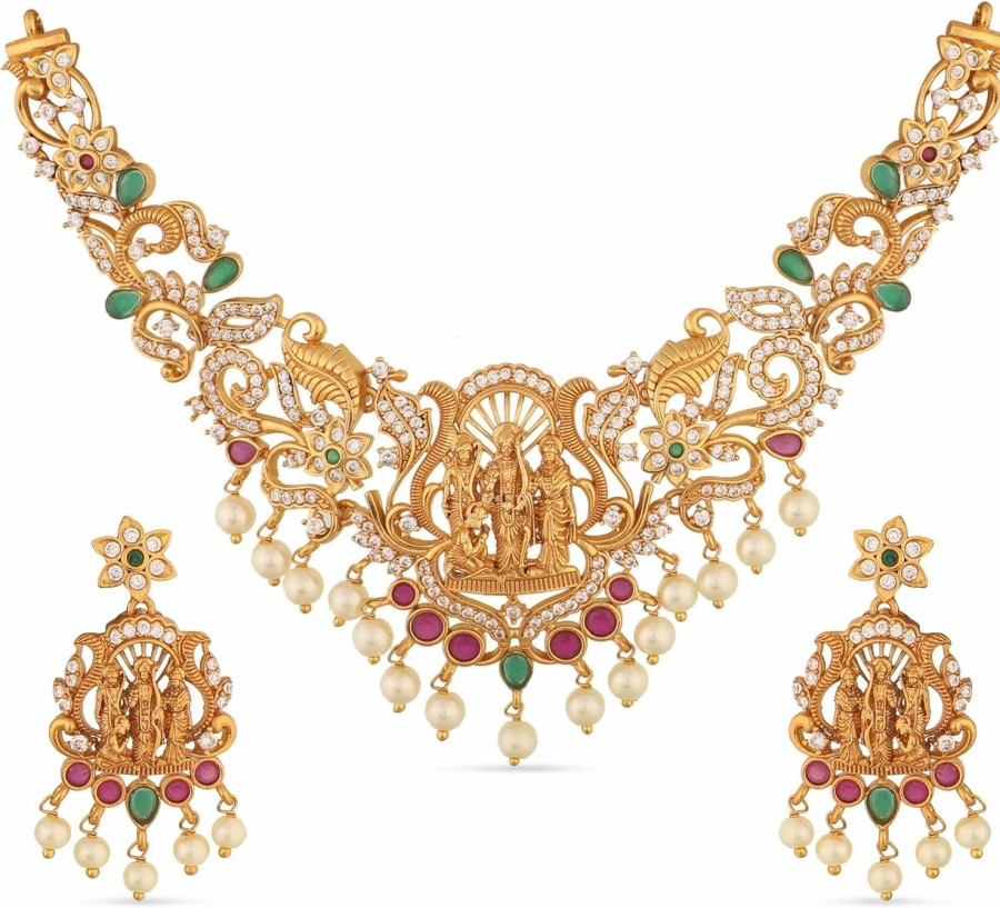 TARINIKA Tarinika Antique Gold Plated Samaira Short Necklace Set With Floral Design - Indian Jewelry Sets For Women | Perfect For Ethnic Occasions | Traditional South Indian Necklace | 1 Year Warranty* Jewelry Sets