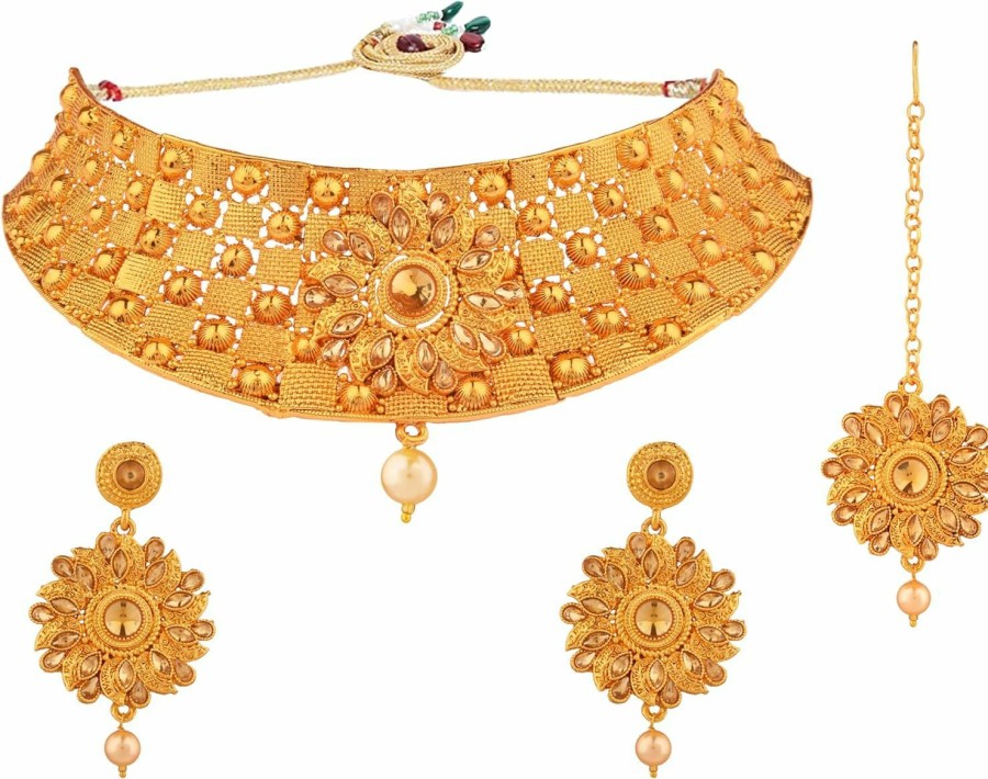 Efulgenz Efulgenz Indian Jewelry Sets For Women Bollywood Jewelry Indian Bollywood Traditional Crystal Pearl Wedding Choker Necklace Earrings Maang Tikka Jewelry Set Jewelry Sets