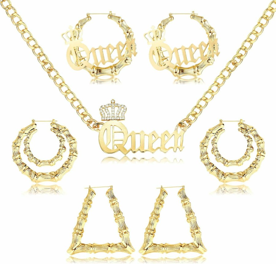 SAILIMUE Sailimue Chunky Curb Chain Necklace With Bamboo Hoop Earrings Set Gold Plated 80S/90S Punk Hip Hop Rapper Style Accessories Set For Women Girls Jewelry Sets