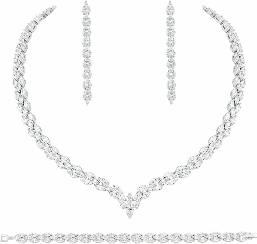 WMHaiMo Wmhaimo White Gold Plated Cubic Zirconia Cz Marquise Bridal Necklace Drop Dangle Earrings Bracelet Set For Women Wedding Brides Jewelry Sets