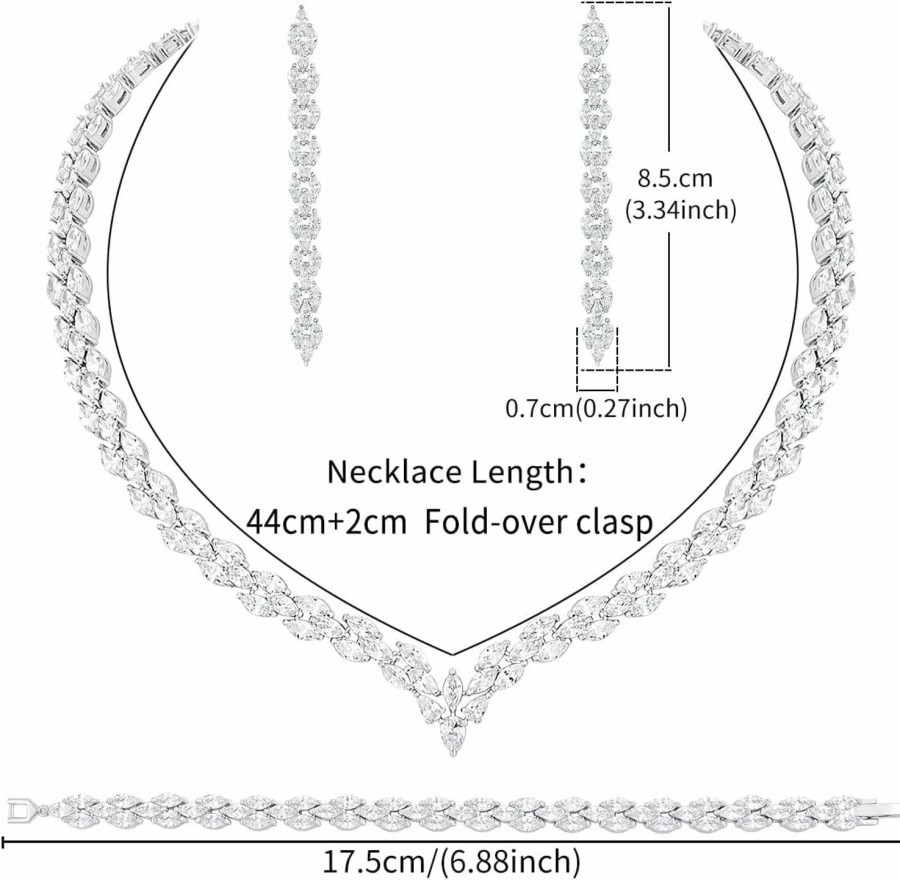 WMHaiMo Wmhaimo White Gold Plated Cubic Zirconia Cz Marquise Bridal Necklace Drop Dangle Earrings Bracelet Set For Women Wedding Brides Jewelry Sets