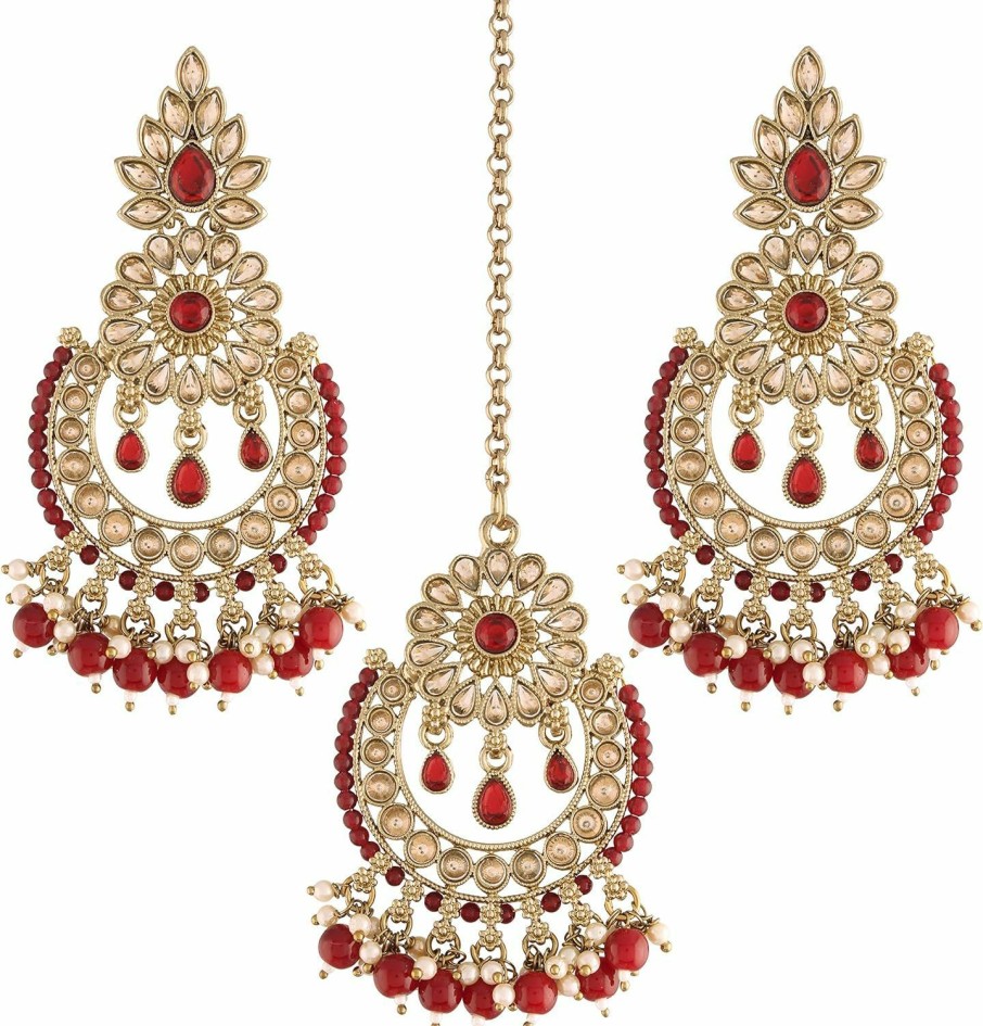 I Jewels I Jewels 18K Gold Plated Indian Wedding Beaded Kundan Studed Ethnic Stylish Party Wear Earring Set With Maang Tikka For Women Jewelry Sets