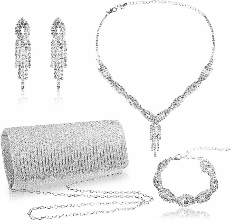 VAIPI Vaipi 4 Pieces Rhinestone Jewelry Set With Purse For Women Sliver Bling Evening Crystal Jewelry Set With Glitter Rhinestone Necklace Choker Bangle Dangle Earrings And Clutch For Bridal Wedding Party Jewelry Sets