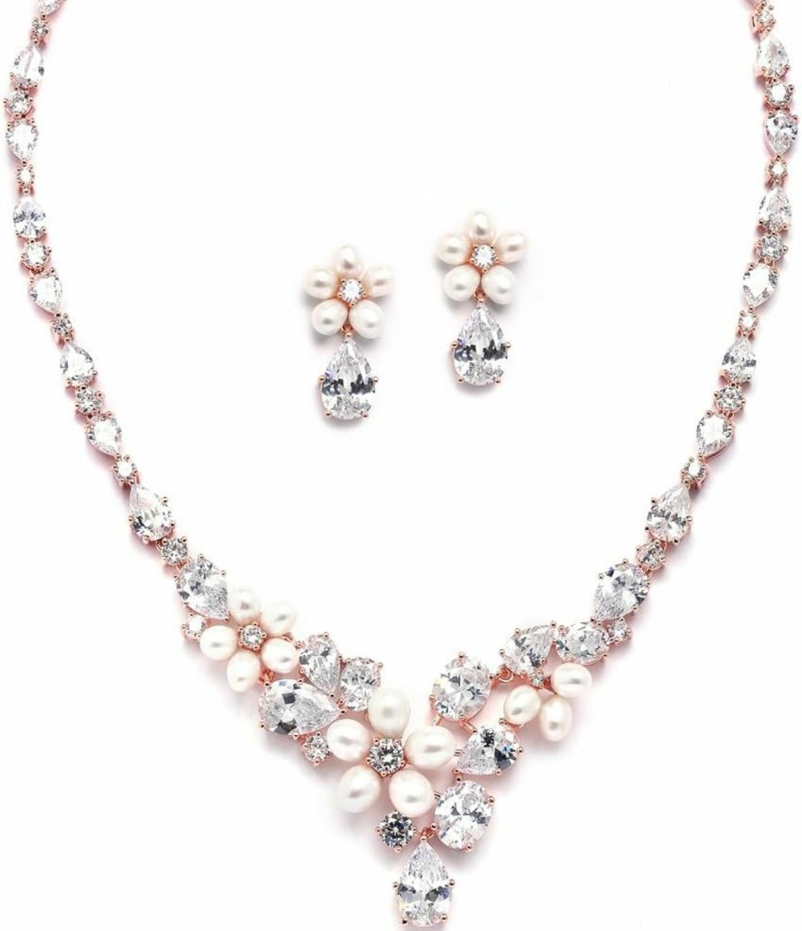 Mariell Mariell Cultured Freshwater Pearls & Cz Rose Gold Plated Wedding Necklace And Earrings Set For Brides Jewelry Sets