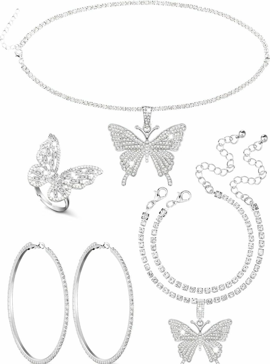 Yinkin Yinkin 4 Pcs Butterfly Jewelry Set For Women Girls Crystal Butterfly Pendant Necklace Rhinestone Chain Necklace Sparkly Hoop Earrings Shiny Bracelet And Adjustable Butterfly Ring For Party Jewelry Sets