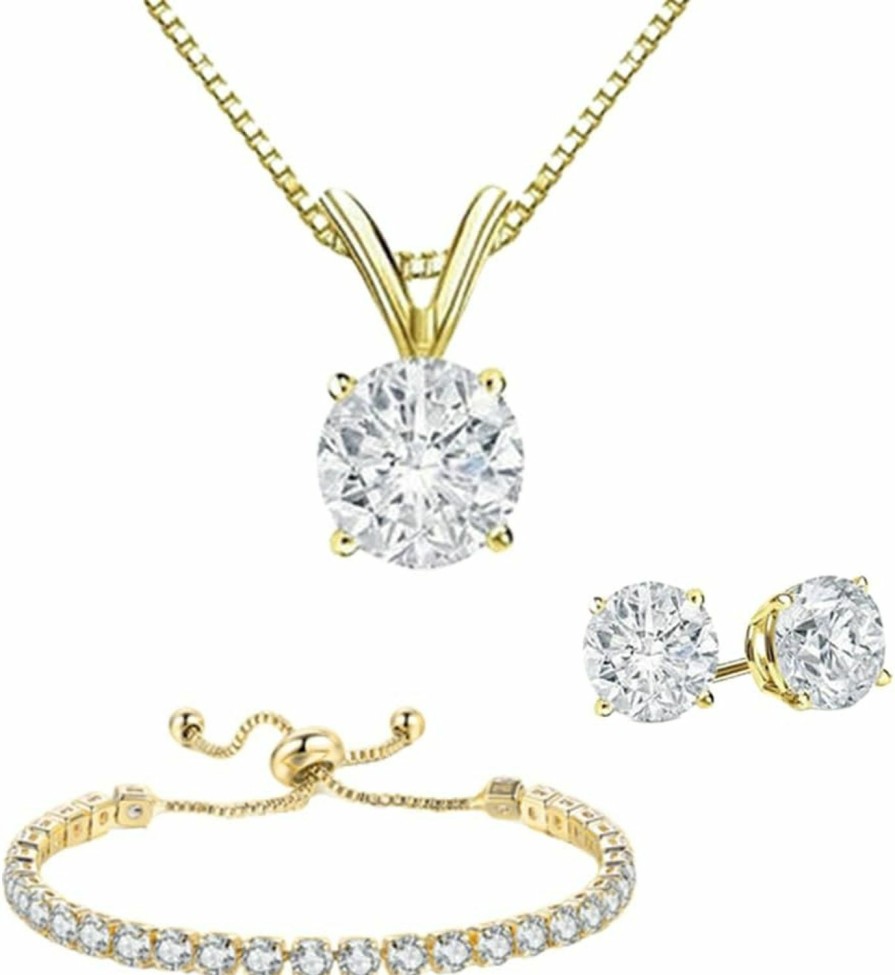 Paris Jewelry Paris Jewelry 18K Yellow Gold 3 Set Created White Sapphire Round Necklace, Earrings And Tennis Bracelet Plated Jewelry Sets