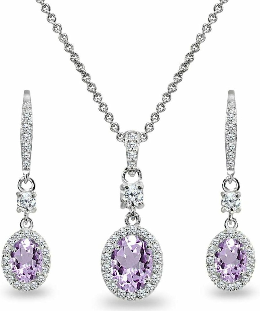 B. BRILLIANT B. Brilliant Sterling Silver Genuine Or Synthetic Gemstone Oval Halo Pendant Necklace & Dangle Earrings Jewelry Set For Women Girls With Box Jewelry Sets