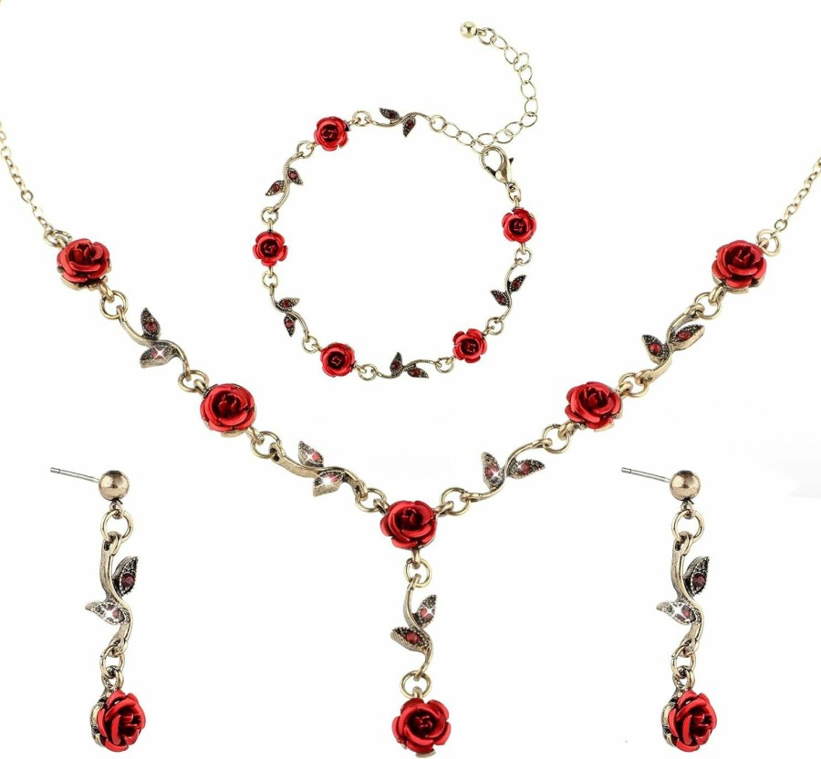 DIVINA VITAE 3Pcs Set Red Rose Jewelry - Rose Flower Pendant Necklace, Bracelet Dangle Earrings. Jewelry Sets For Women And Girls Wedding Prom Rose Necklace Valentine'S Day Red Jewelry Birthday Party Red Necklace Jewelry Sets