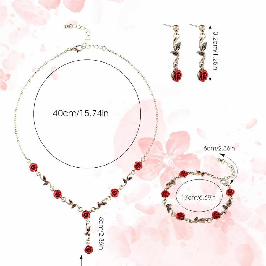 DIVINA VITAE 3Pcs Set Red Rose Jewelry - Rose Flower Pendant Necklace, Bracelet Dangle Earrings. Jewelry Sets For Women And Girls Wedding Prom Rose Necklace Valentine'S Day Red Jewelry Birthday Party Red Necklace Jewelry Sets