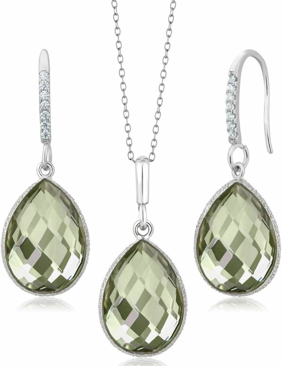 Gem Stone King Gem Stone King 925 Sterling Silver Green Prasiolite Pendant And Earrings Jewelry Set For Women (19.50 Cttw, Pear Shape 16X12Mm, With 18 Inch Silver Chain) Jewelry Sets