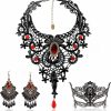 BagTu Bagtu Black Lace Necklace And Earrings Set, Gothic Lolita Red Pendant Choker For A Halloween Costume And Wedding Jewelry Sets