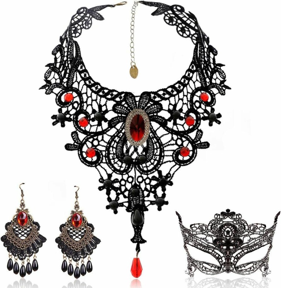 BagTu Bagtu Black Lace Necklace And Earrings Set, Gothic Lolita Red Pendant Choker For A Halloween Costume And Wedding Jewelry Sets