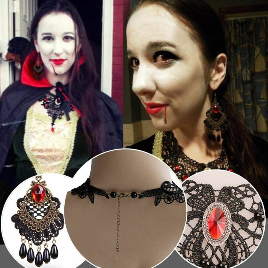 BagTu Bagtu Black Lace Necklace And Earrings Set, Gothic Lolita Red Pendant Choker For A Halloween Costume And Wedding Jewelry Sets