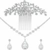 Yaomiao Wedding Bride Jewelry Hair Comb Prom Jewelry Silver Necklace Earrings Set Bridal Hair Clip Rhinestone Bridesmaid Jewelry For Women Girls Bride Bridesmaid Wedding Hair Accessories Jewelry Sets