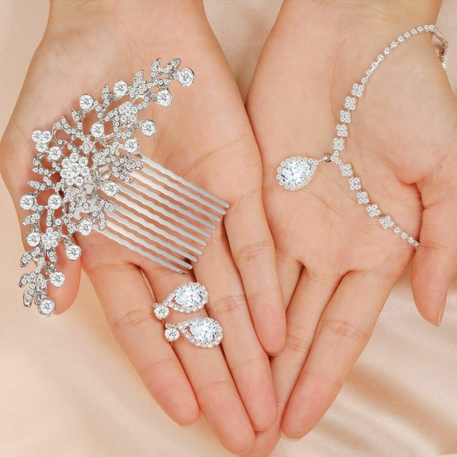 Yaomiao Wedding Bride Jewelry Hair Comb Prom Jewelry Silver Necklace Earrings Set Bridal Hair Clip Rhinestone Bridesmaid Jewelry For Women Girls Bride Bridesmaid Wedding Hair Accessories Jewelry Sets