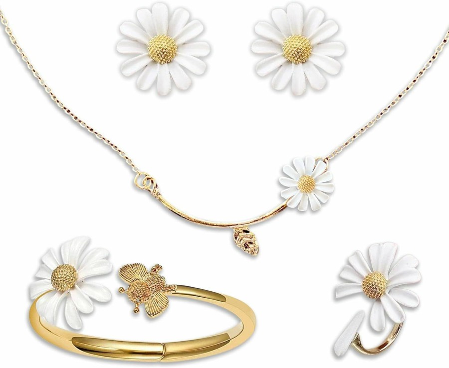 BelugaDesign Belugadesign Daisy Jewelry Set | Cute Kawaii Floral Charms For Women Teens Girls | Matching Necklace Earrings Bracelet Ring | Wedding Summer Spring Fashion April Birth | Gold Yellow Silver Collection Jewelry Sets