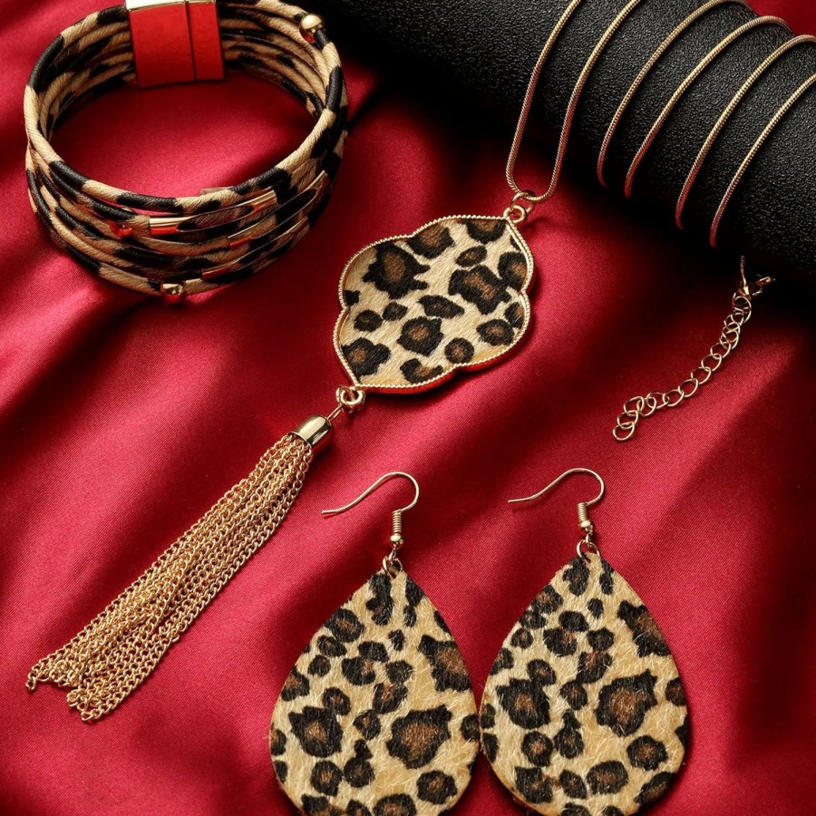 Hicarer Hicarer 3 Pieces Leopard Earrings Bracelets Women Jewelry Bohemia Earrings Necklace Cheetah Set Multilayer Leather Cuff Boho For Girls Large Wrists Cosplay Party Costume Accessories Jewelry Sets