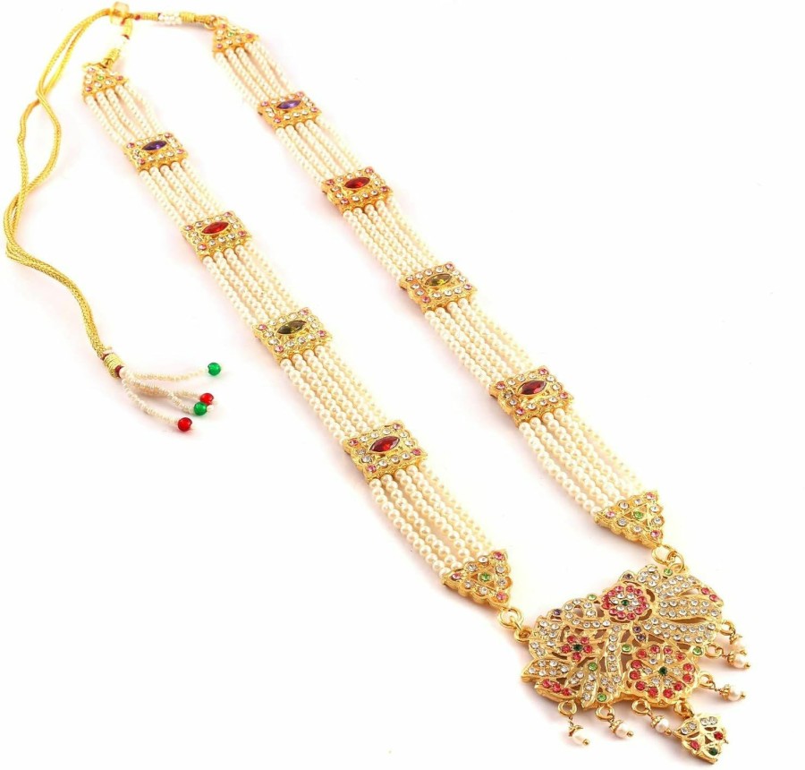 Generic Generic Jewarhaat Necklace Set Multi-Stones Pearls Polki Grand Moti Rani Haar Ad Cz Jewelry With Out Earrings For Women Girls, Brass, Cubic Zirconia Pearl Jewelry Sets