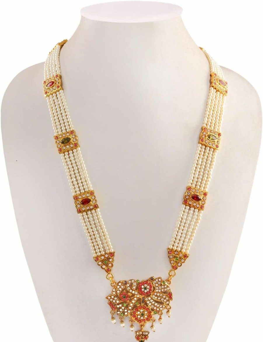 Generic Generic Jewarhaat Necklace Set Multi-Stones Pearls Polki Grand Moti Rani Haar Ad Cz Jewelry With Out Earrings For Women Girls, Brass, Cubic Zirconia Pearl Jewelry Sets