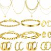 Henoyso Henoyso 16 Pcs Gold Jewelry Sets For Women 4 Gold Necklace 4 Gold Bracelets 4 Gold Earring 4 Knuckle Rings Hoop Stud Earrings For Women Girls Valentine Birthday Wedding Party Gift Jewelry Sets