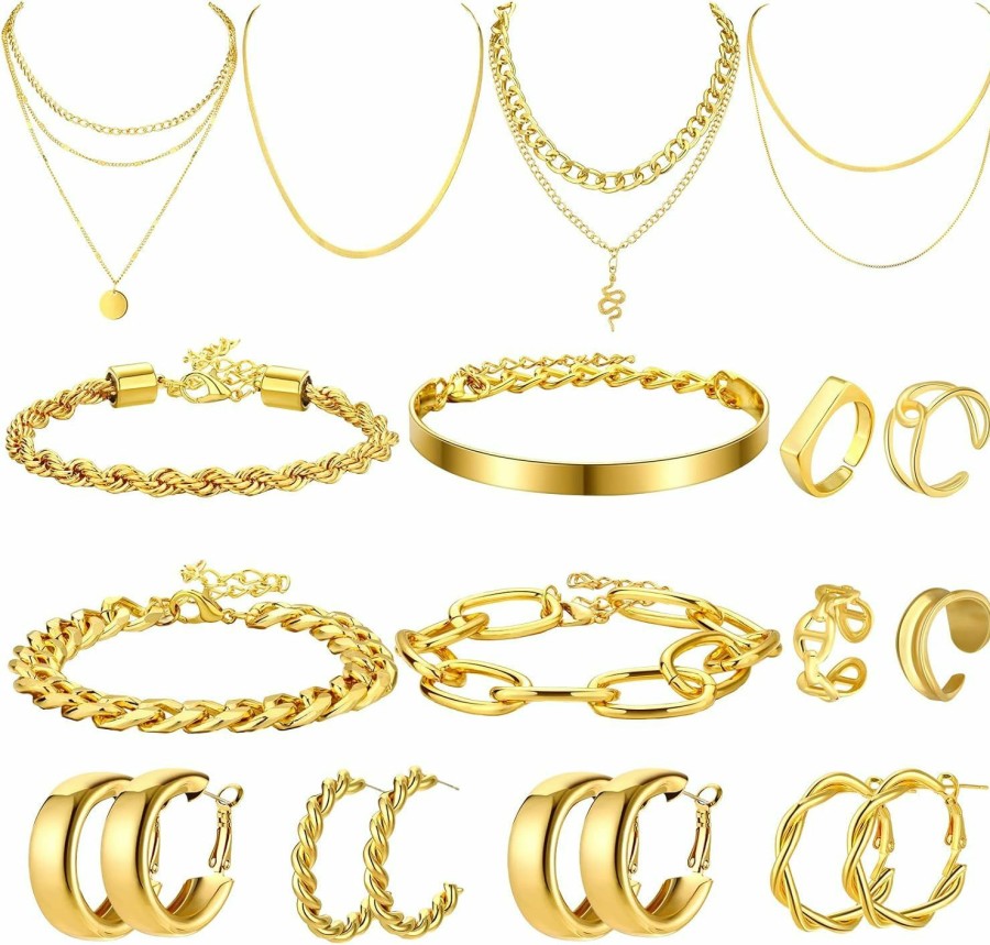 Henoyso Henoyso 16 Pcs Gold Jewelry Sets For Women 4 Gold Necklace 4 Gold Bracelets 4 Gold Earring 4 Knuckle Rings Hoop Stud Earrings For Women Girls Valentine Birthday Wedding Party Gift Jewelry Sets