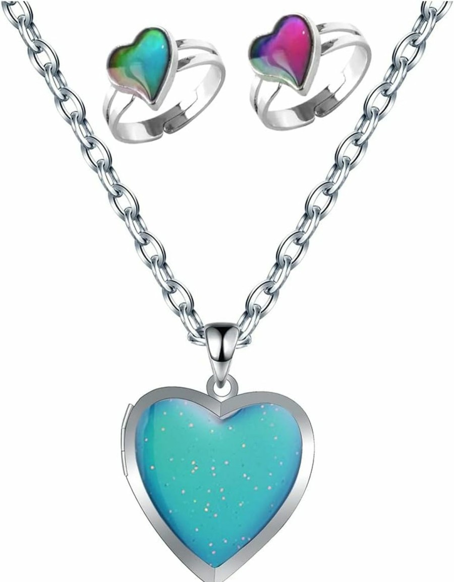 Acchen Mood Necklace Love Heart Change Color Emotional Feeling Adjustable Size Mood Rings 3Pcs (3 Pcs) Jewelry Sets