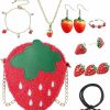 Fabmode Fabmode 8 Pcs Strawberry Jewelry Set, Strawberry Accessories, Strawberry Shoulder Bag, Strawberry Earrings/Necklace/Bracelet/Adjustable Ring/Hair Rope/Hair Clip, For Girl Women Gifts Kawaii Cute Jewelry Sets