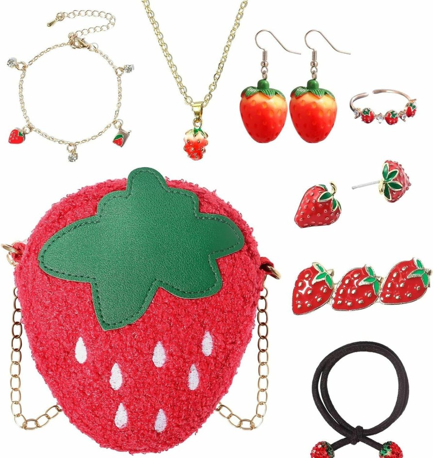 Fabmode Fabmode 8 Pcs Strawberry Jewelry Set, Strawberry Accessories, Strawberry Shoulder Bag, Strawberry Earrings/Necklace/Bracelet/Adjustable Ring/Hair Rope/Hair Clip, For Girl Women Gifts Kawaii Cute Jewelry Sets