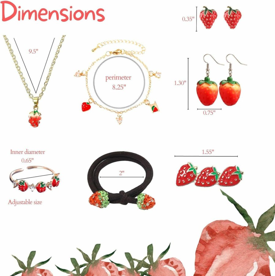 Fabmode Fabmode 8 Pcs Strawberry Jewelry Set, Strawberry Accessories, Strawberry Shoulder Bag, Strawberry Earrings/Necklace/Bracelet/Adjustable Ring/Hair Rope/Hair Clip, For Girl Women Gifts Kawaii Cute Jewelry Sets