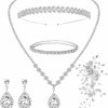 NEWITIN Newitin 6 Pieces Bridal Jewelry Set For Women Cubic Zirconia Teardrop Necklace Bracelet Dangle Earrings Hairpin Headband For Bridal Bridesmaid Gift Prom Wedding Party Jewelry Accessories Jewelry Sets